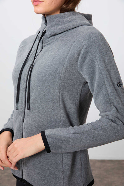 Tommylife Toptan Kapüşonlu Standart Kalıp Fermuarlı Kadın Polar Sweatshirt 97287 Gri Melanj
