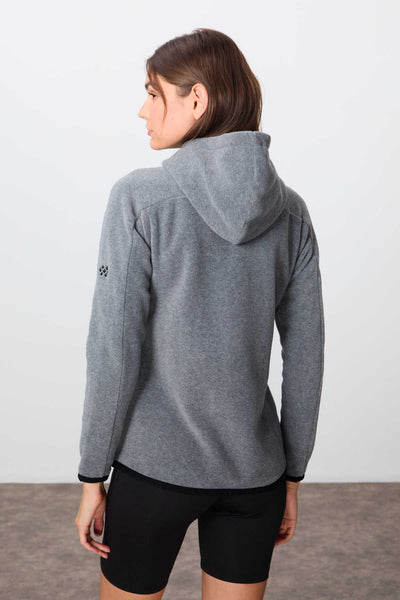 Tommylife Toptan Kapüşonlu Standart Kalıp Fermuarlı Kadın Polar Sweatshirt 97287 Gri Melanj