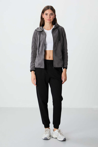 Tommylife Toptan Kapüşonlu Standart Kalıp Fermuarlı Kadın Polar Sweatshirt 97287 Koyu Gri