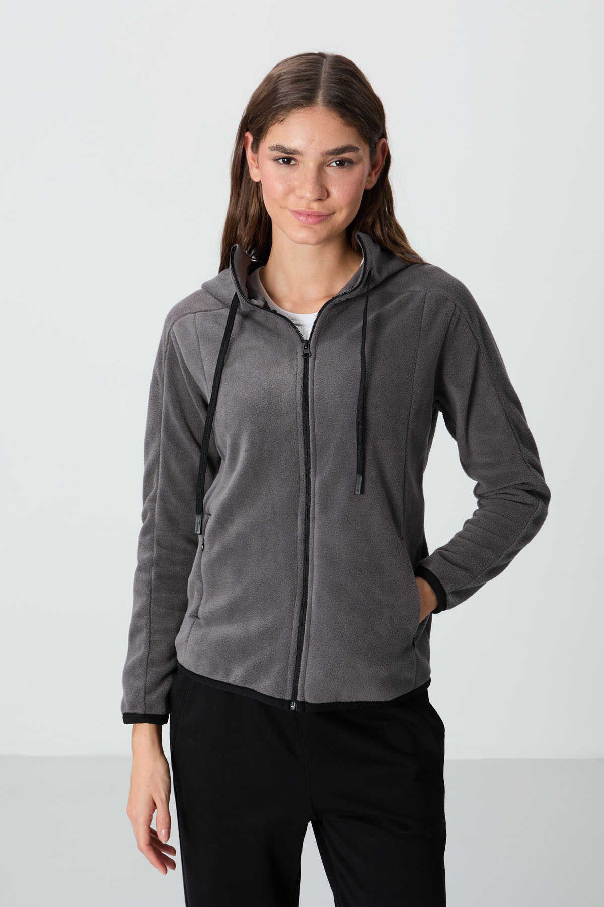 Tommylife Toptan Kapüşonlu Standart Kalıp Fermuarlı Kadın Polar Sweatshirt 97287 Koyu Gri