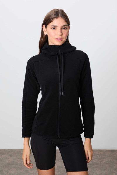 Tommylife Toptan Kapüşonlu Standart Kalıp Fermuarlı Kadın Polar Sweatshirt 97287 Siyah