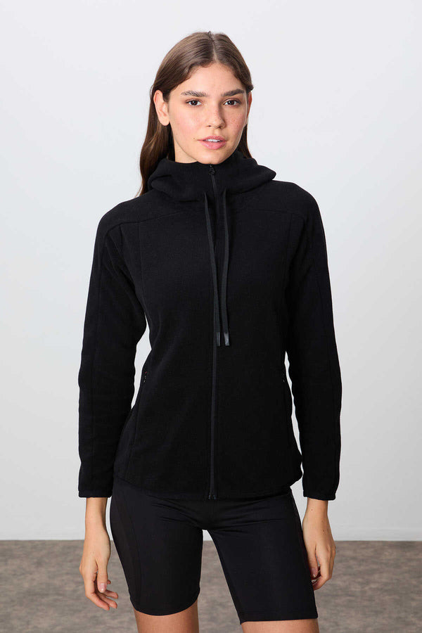 Tommylife Toptan Kapüşonlu Standart Kalıp Fermuarlı Kadın Polar Sweatshirt 97287 Siyah