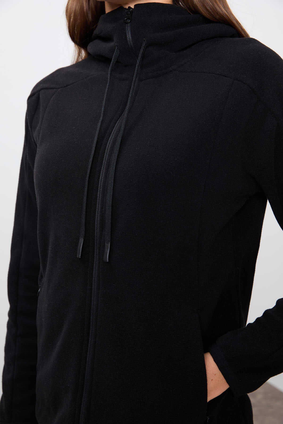 Tommylife Toptan Kapüşonlu Standart Kalıp Fermuarlı Kadın Polar Sweatshirt 97287 Siyah