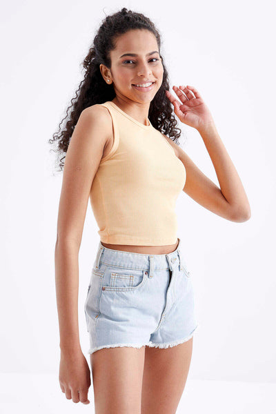 Tommylife Toptan Kavuniçi Basic Kolsuz O Yaka Kadın Crop Top Atlet - 97204