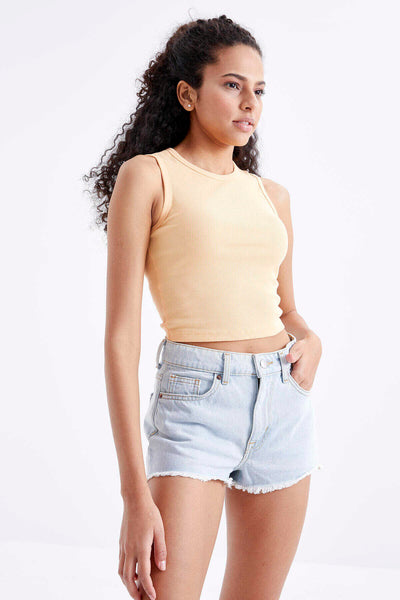 Tommylife Toptan Kavuniçi Basic Kolsuz O Yaka Kadın Crop Top Atlet - 97204