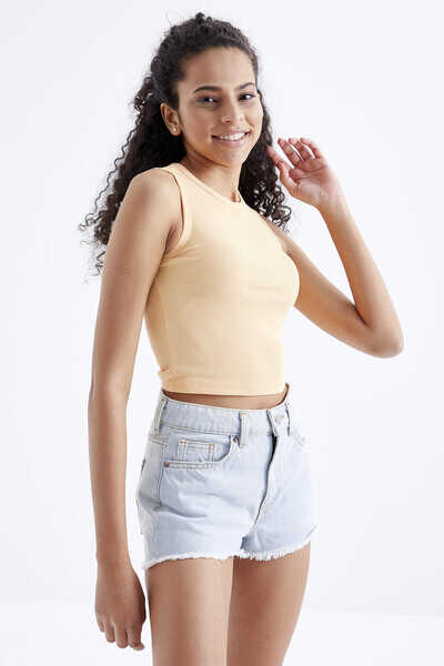 Tommylife Toptan Kavuniçi Basic Kolsuz O Yaka Kadın Crop Top Atlet - 97204