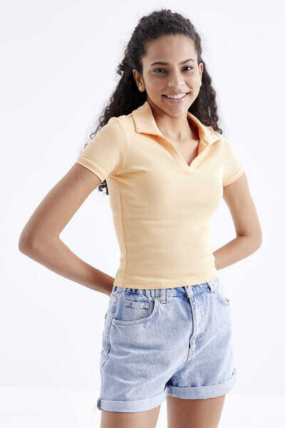 Tommylife Wholesale Melon Polo Neck Basic Short Sleeve Women's Crop Top T-Shirt - 97208