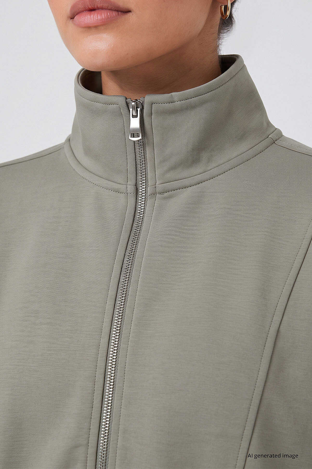 Tommylife Toptan Koyu Bej Dik Yaka Standart Kalıp Crop Kadın Sweatshirt - 97317