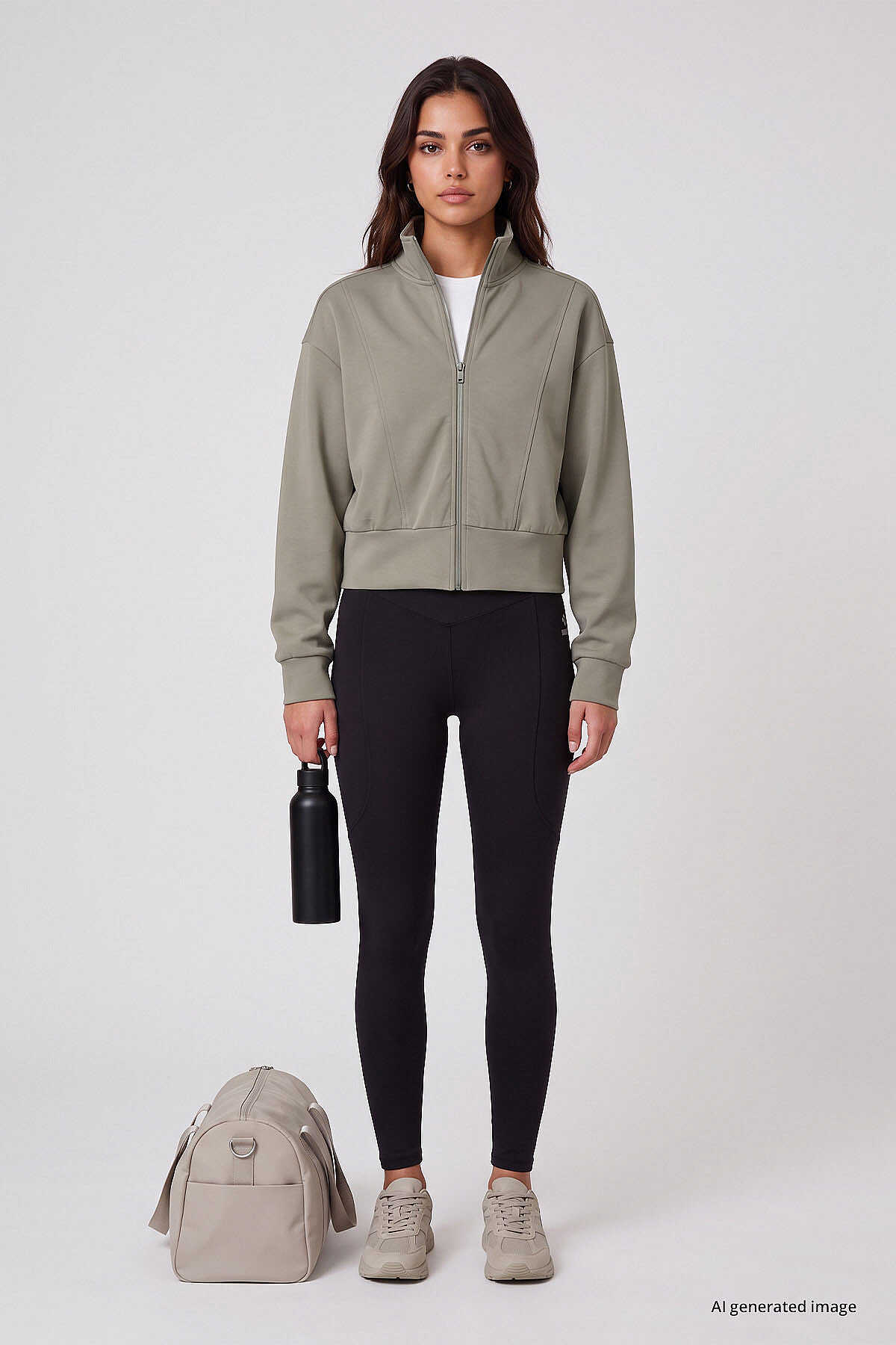 Tommylife Toptan Koyu Bej Dik Yaka Standart Kalıp Crop Kadın Sweatshirt - 97317