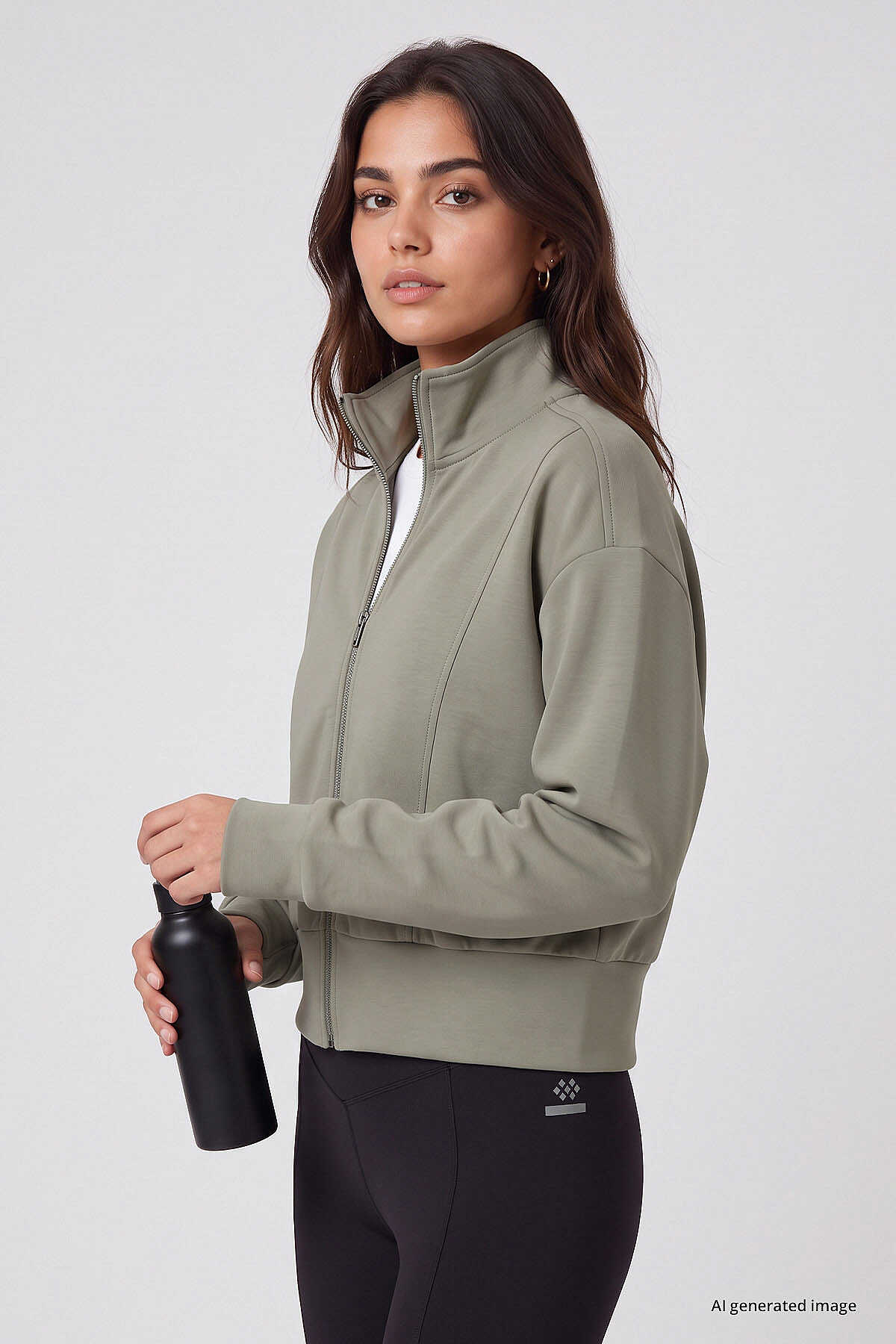 Tommylife Toptan Koyu Bej Dik Yaka Standart Kalıp Crop Kadın Sweatshirt - 97317