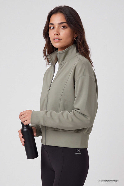 Tommylife Toptan Koyu Bej Dik Yaka Standart Kalıp Crop Kadın Sweatshirt - 97317