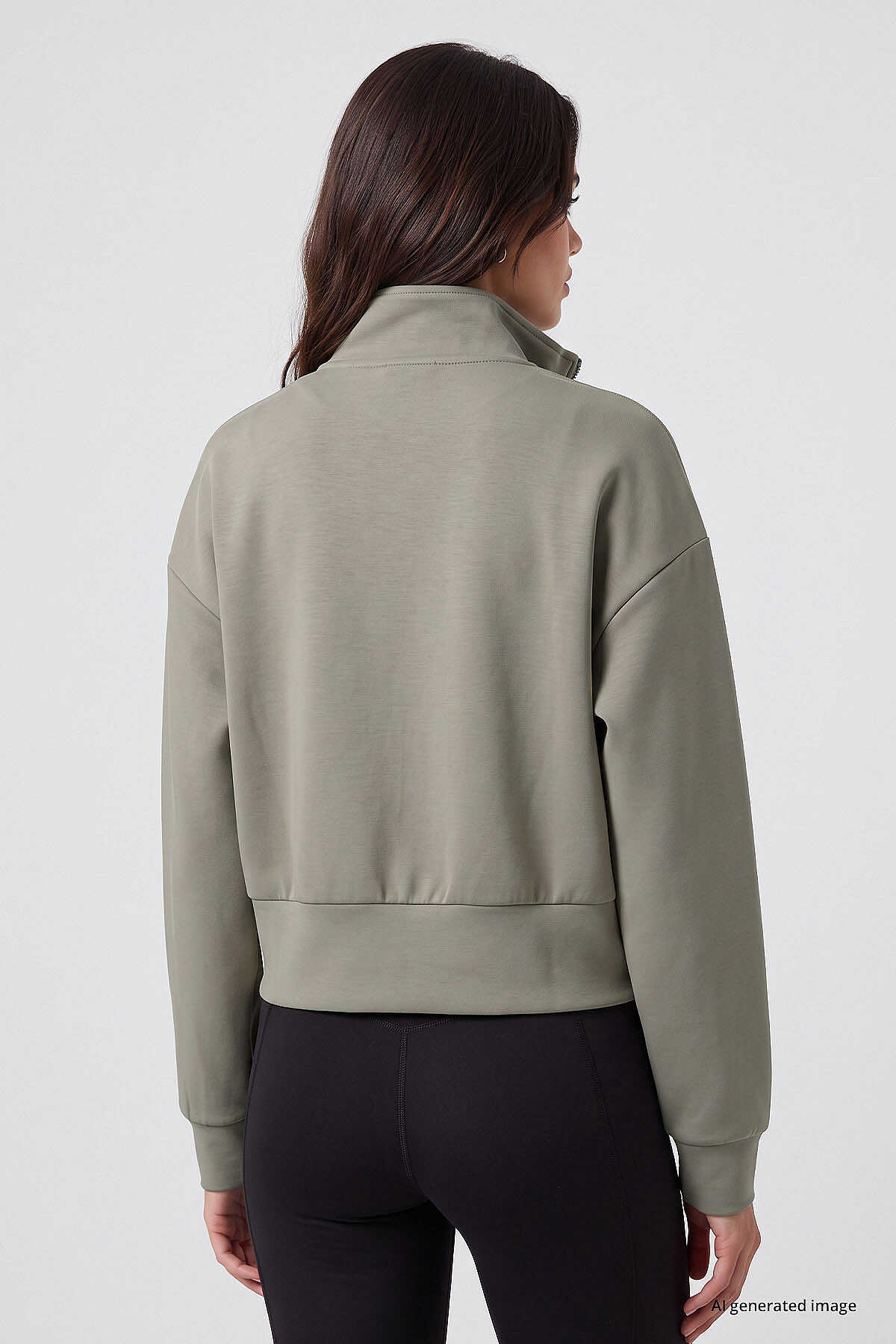 Tommylife Toptan Koyu Bej Dik Yaka Standart Kalıp Crop Kadın Sweatshirt - 97317