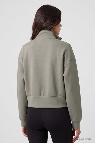 Tommylife Toptan Koyu Bej Dik Yaka Standart Kalıp Crop Kadın Sweatshirt - 97317