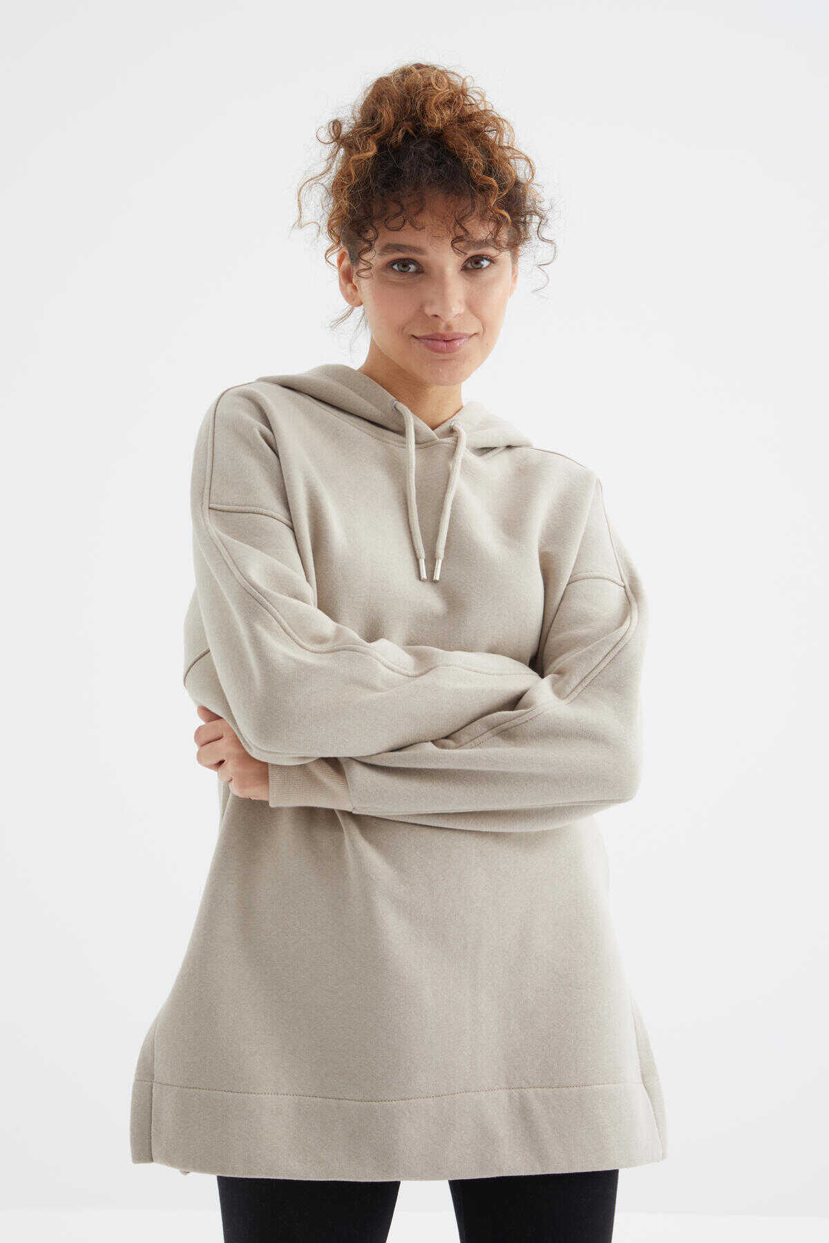 Tommylife Toptan Koyu Bej Reglan Kol Basic Kapüşonlu Oversize Tunik - 97242