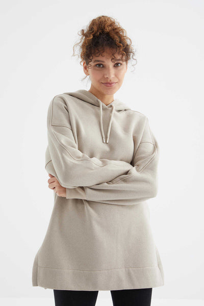Tommylife Toptan Koyu Bej Reglan Kol Basic Kapüşonlu Oversize Tunik - 97242