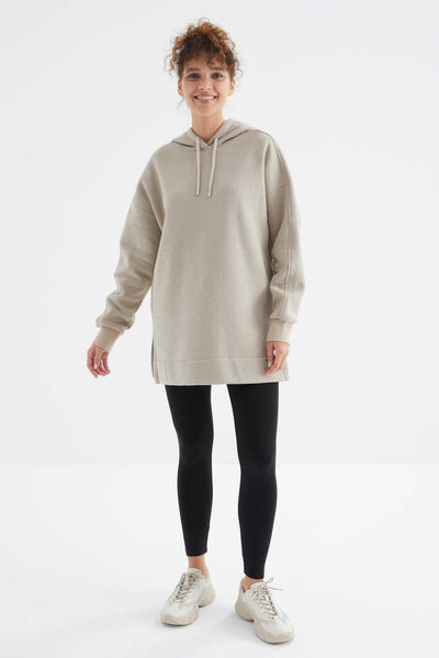 Tommylife Toptan Koyu Bej Reglan Kol Basic Kapüşonlu Oversize Tunik - 97242