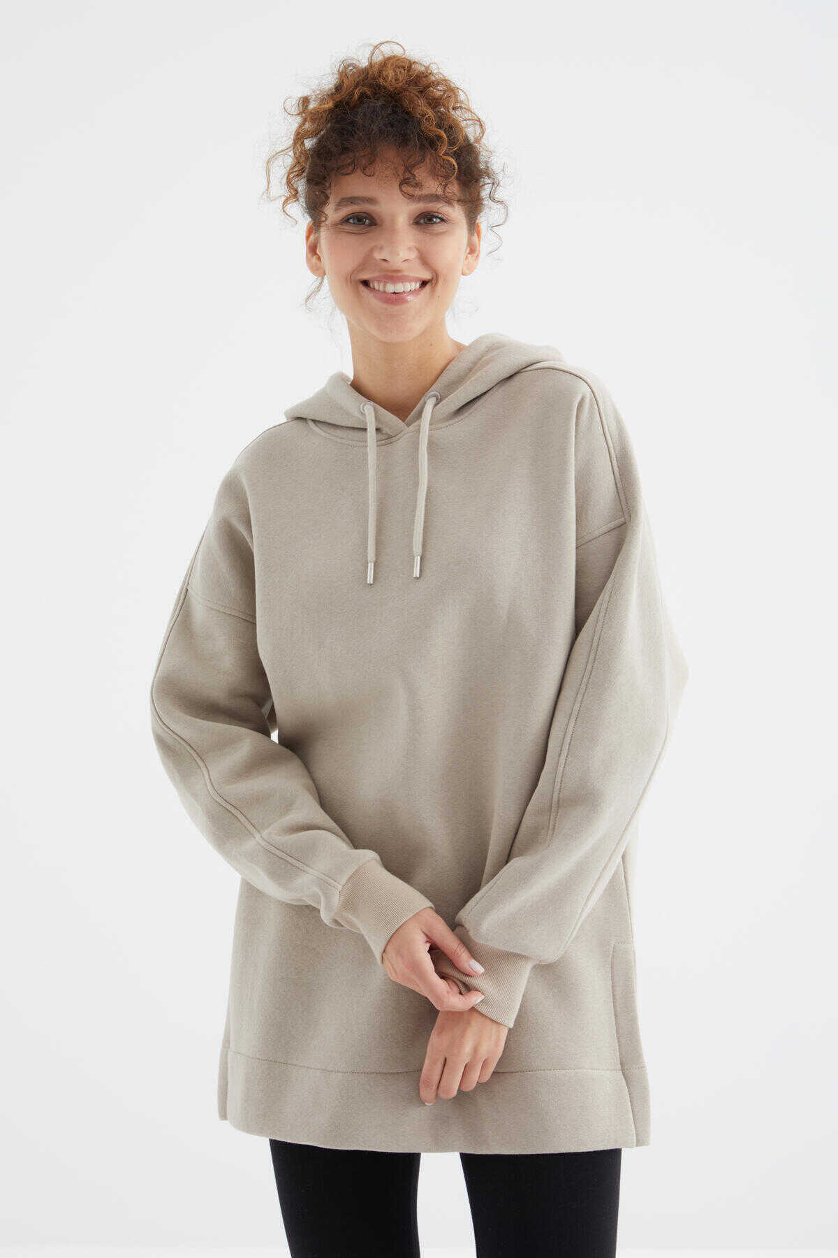 Tommylife Toptan Koyu Bej Reglan Kol Basic Kapüşonlu Oversize Tunik - 97242
