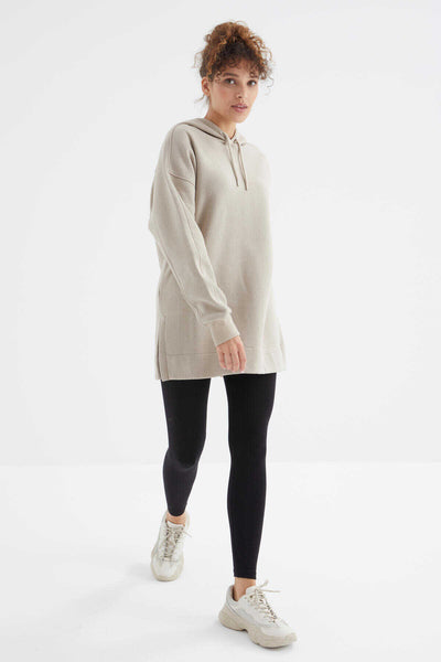 Tommylife Toptan Koyu Bej Reglan Kol Basic Kapüşonlu Oversize Tunik - 97242