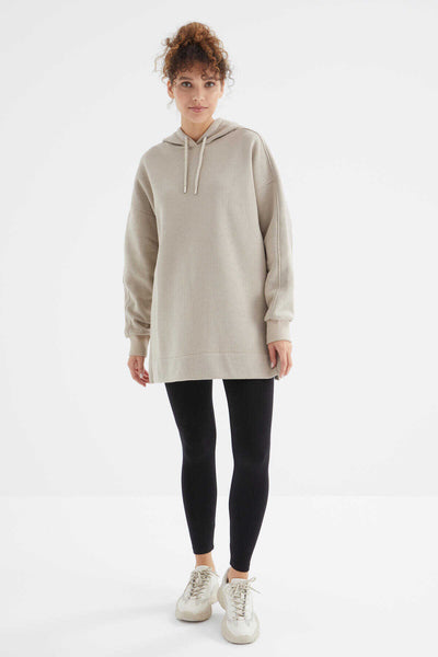 Tommylife Toptan Koyu Bej Reglan Kol Basic Kapüşonlu Oversize Tunik - 97242