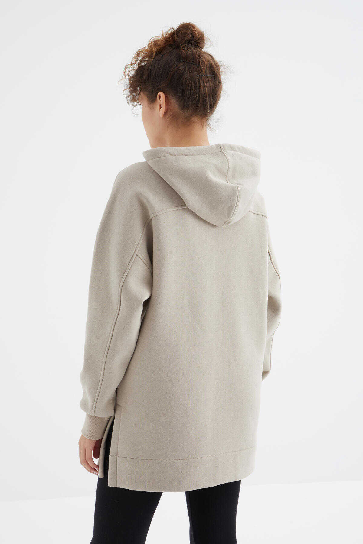 Tommylife Toptan Koyu Bej Reglan Kol Basic Kapüşonlu Oversize Tunik - 97242