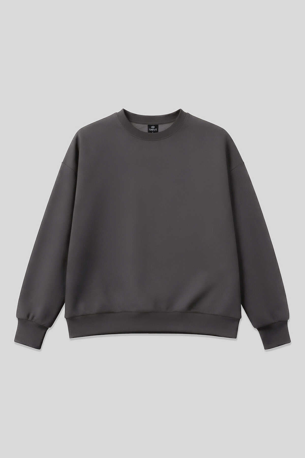 Tommylife Toptan Koyu Gri Basic O Yaka Oversize Kadın Sweatshirt - 97053