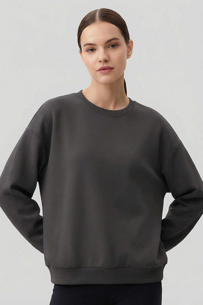 Tommylife Toptan Koyu Gri Basic O Yaka Oversize Kadın Sweatshirt - 97053