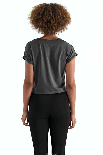 Tommylife Toptan Koyu Gri Logo Baskılı O Yaka Düşük Kol Oversize Kadın Crop T-Shirt - 97262