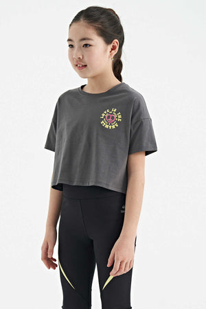 Tommylife Toptan Koyu Gri Ön Arka Baskılı O Yaka Düşük Omuz Oversize Kısa Kollu Kız Çocuk T-Shirt - 75126
