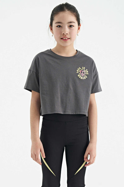 Tommylife Toptan Koyu Gri Ön Arka Baskılı O Yaka Düşük Omuz Oversize Kısa Kollu Kız Çocuk T-Shirt - 75126
