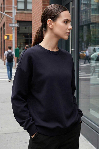 Tommylife Toptan Lacivert Basic O Yaka Oversize Kadın Sweatshirt - 97053