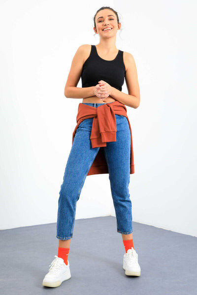 Tommylife Toptan Lacivert Basic Sıfır Kol Dar Kalıp U Yaka Kadın Crop Top Atlet - 97160