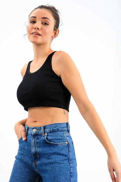 Tommylife Toptan Lacivert Basic Sıfır Kol Dar Kalıp U Yaka Kadın Crop Top Atlet - 97160