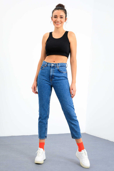 Maiou scurt pentru femei, bleumarin, fără mâneci, croială slim fit, cu decolteu în U, Tommylife Wholesale - 97160
