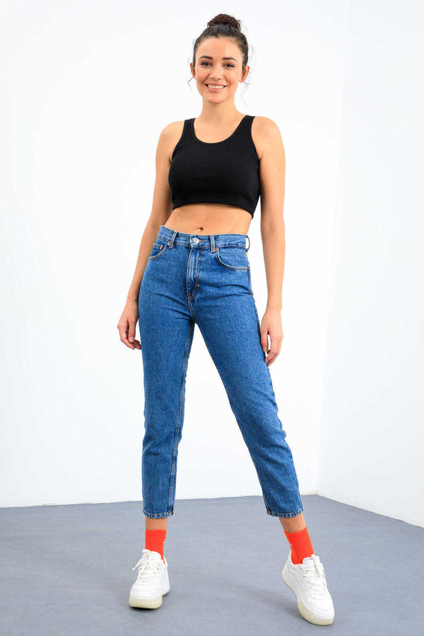 Maiou scurt pentru femei, bleumarin, fără mâneci, croială slim fit, cu decolteu în U, Tommylife Wholesale - 97160