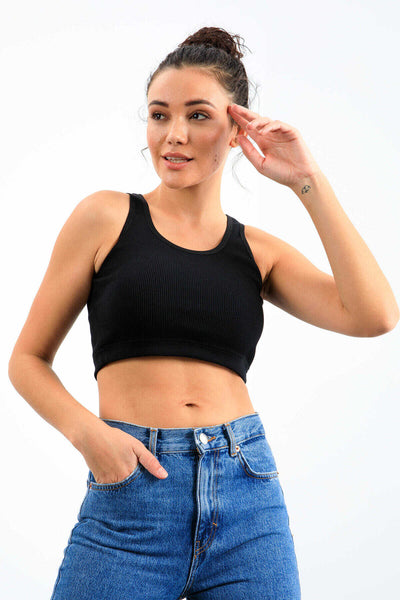Maiou scurt pentru femei, bleumarin, fără mâneci, croială slim fit, cu decolteu în U, Tommylife Wholesale - 97160