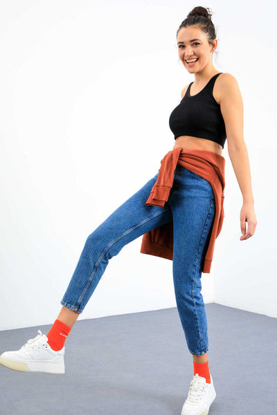 Tommylife Toptan Lacivert Basic Sıfır Kol Dar Kalıp U Yaka Kadın Crop Top Atlet - 97160