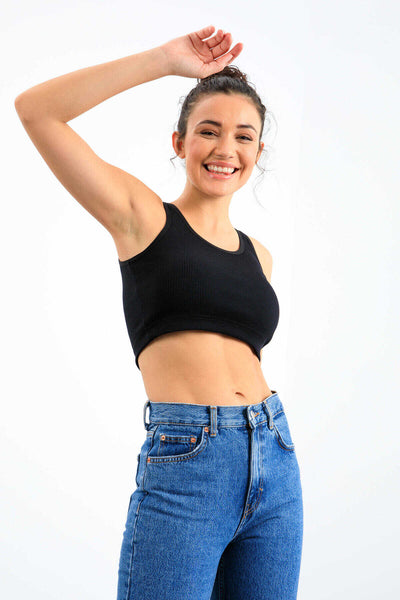 Tommylife Toptan Lacivert Basic Sıfır Kol Dar Kalıp U Yaka Kadın Crop Top Atlet - 97160