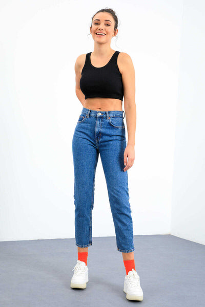 Tommylife Toptan Lacivert Basic Sıfır Kol Dar Kalıp U Yaka Kadın Crop Top Atlet - 97160