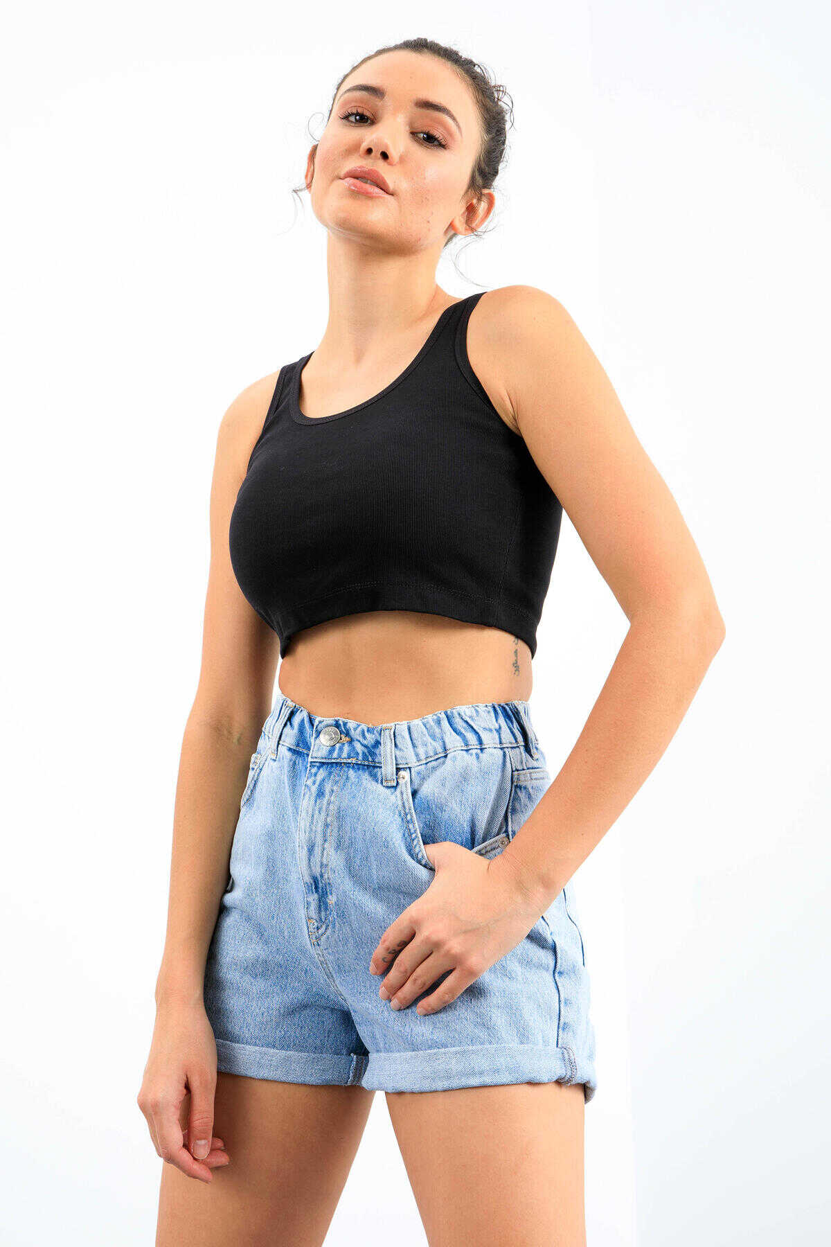 Tommylife Toptan Lacivert Basic Sıfır Kol Dar Kalıp U Yaka Kadın Crop Top Atlet - 97162