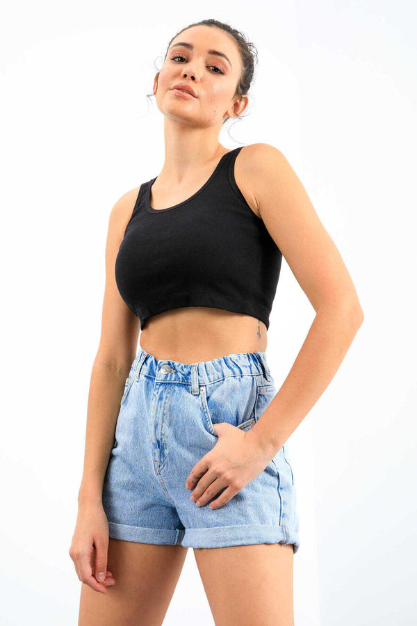 Tommylife Toptan Lacivert Basic Sıfır Kol Dar Kalıp U Yaka Kadın Crop Top Atlet - 97162