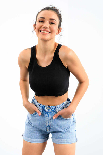 Tommylife Toptan Lacivert Basic Sıfır Kol Dar Kalıp U Yaka Kadın Crop Top Atlet - 97162