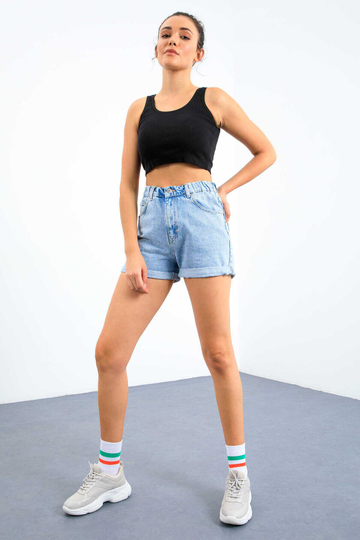 Tommylife Toptan Lacivert Basic Sıfır Kol Dar Kalıp U Yaka Kadın Crop Top Atlet - 97162