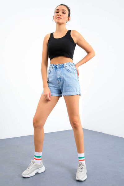 Tommylife Toptan Lacivert Basic Sıfır Kol Dar Kalıp U Yaka Kadın Crop Top Atlet - 97162