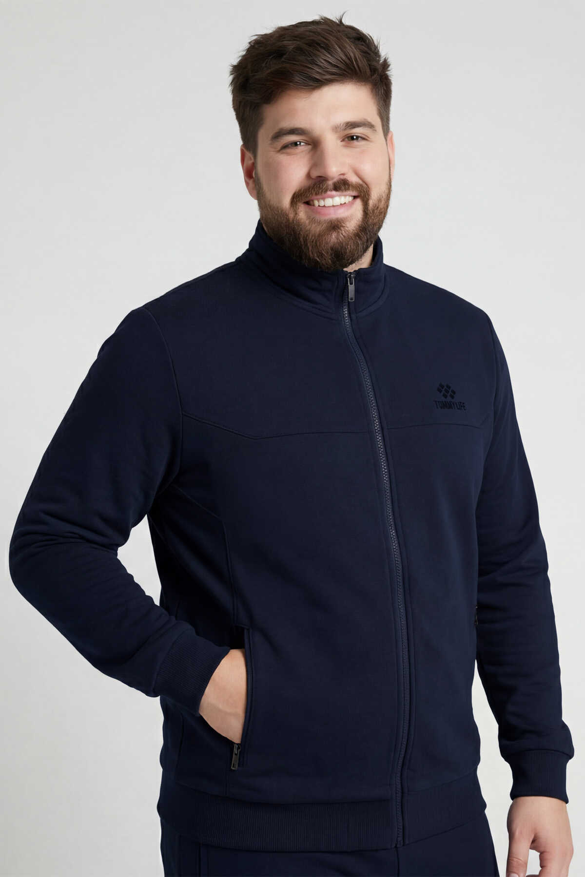 Tommylife Toptan Lacivert Dik Yaka Klasik Paça Büyük Beden Erkek Eşofman Takım - 85176