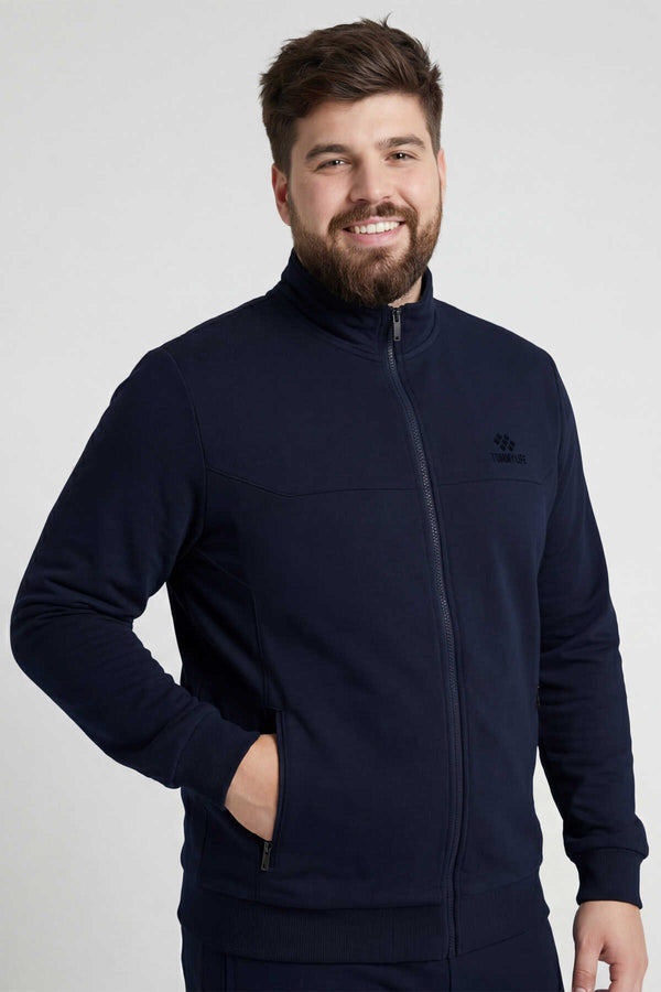 Set trening pentru bărbați, mărime mare, cu guler înalt, model clasic, Tommylife, en-gros, bleumarin - 85176