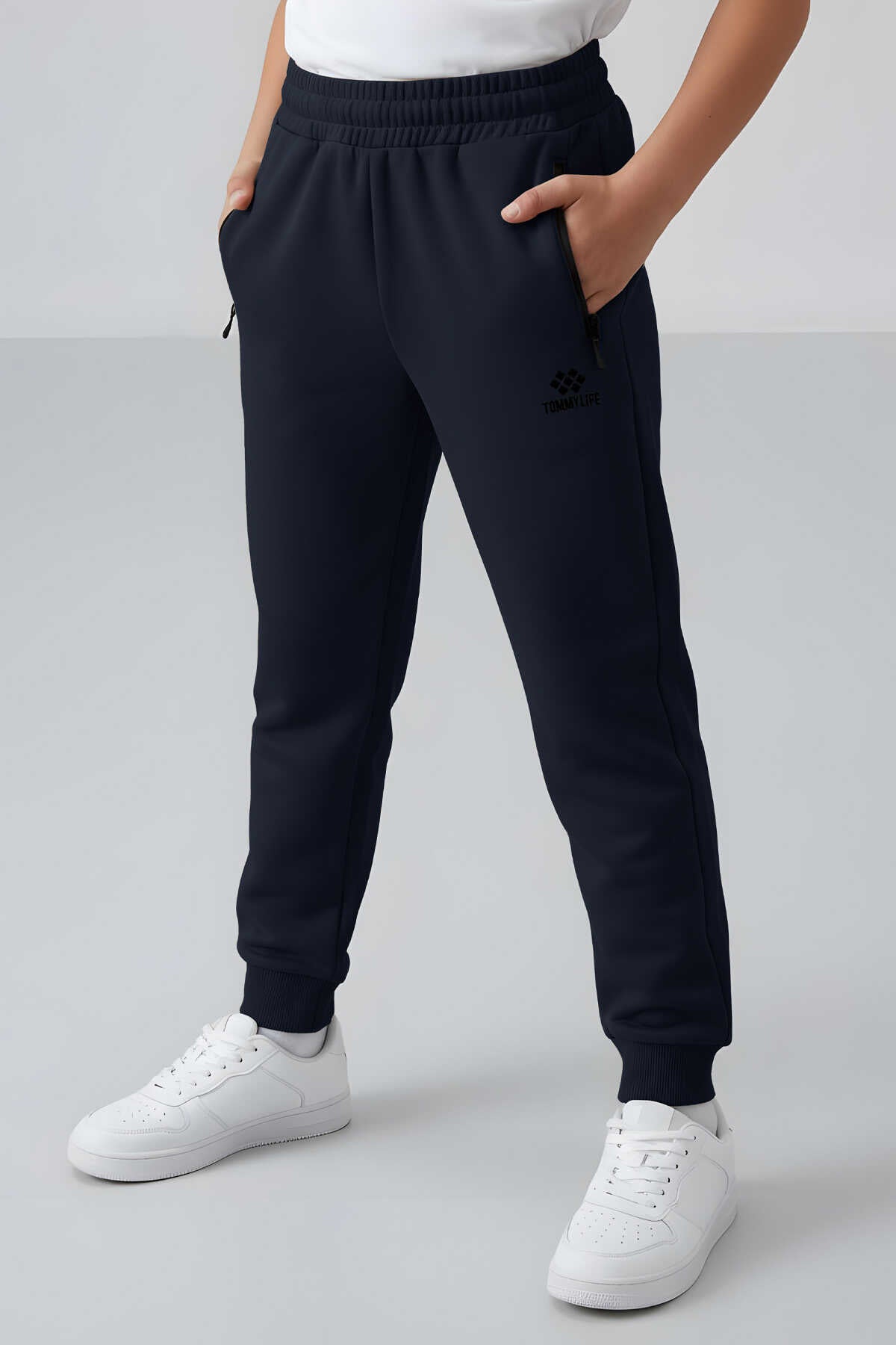 Tommylife Toptan Lacivert Erkek Çocuk Jogger Fermuarlı Cep Standart Kalıp Manşetli Eşofman Alt - 64042