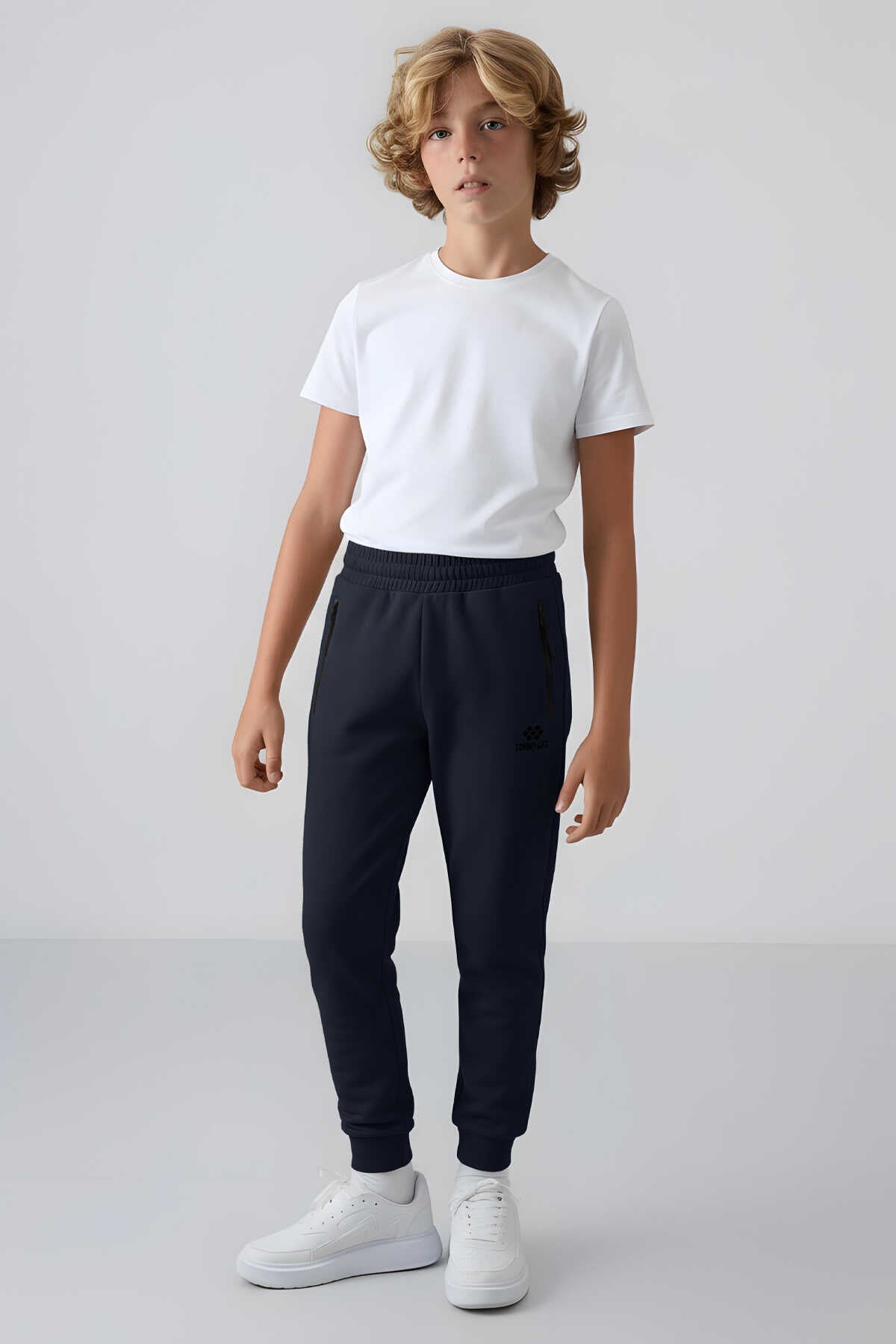 Tommylife Wholesale Navy Blue Boys' Jogger Pants with Zipper Pockets, Standard Fit, and Cuffs - 64042