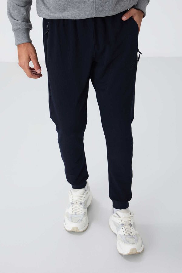 Tommylife Toptan Lacivert Fermuar Cepli Standart Kalıp Jogger Erkek Eşofman Alt - 84651
