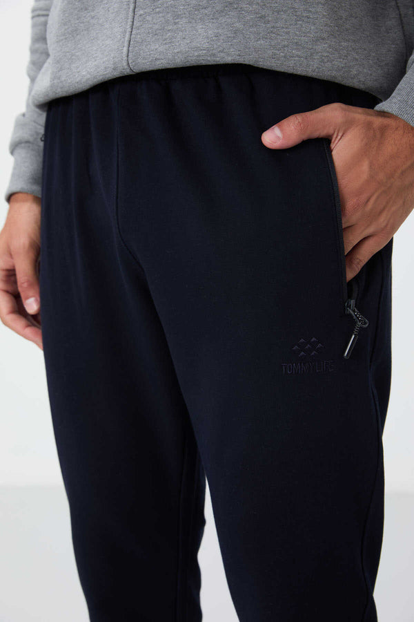 Tommylife Toptan Lacivert Fermuar Cepli Standart Kalıp Jogger Erkek Eşofman Alt - 84651