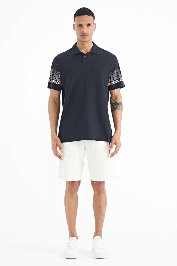 Tommylife Toptan Lacivert Kol Baskı Detaylı Polo Yaka Standart Form Erkek T-Shirt - 88240